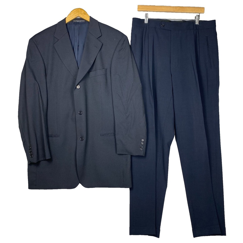 Vtg Hugo Boss Suit Mens 42T Navy Wool 2 Piece Blazer Trousers Minimalist Luxury